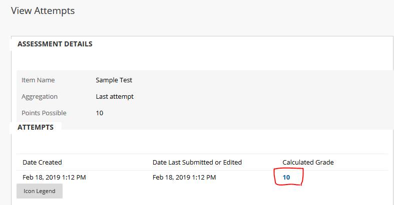 View Attempt page with the calculated grade highlighted. Click on the calculated grade